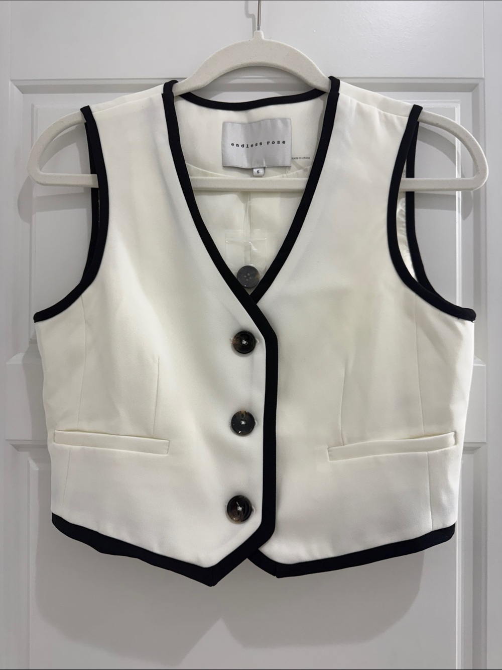 Endless Rose Cream and Black Trim Sleeveless Blazer Vest